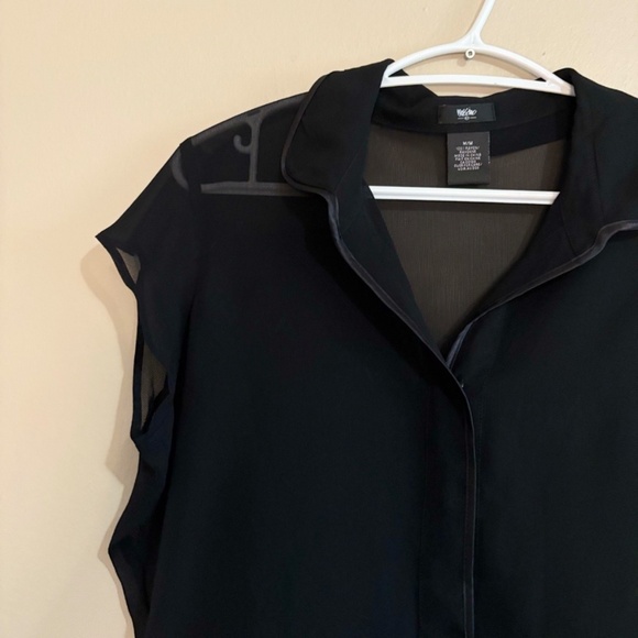 Vintage Y2K Mossimo Sheer Black Cap Sleeve Blouse Black Satin Trim - Picture 4 of 12